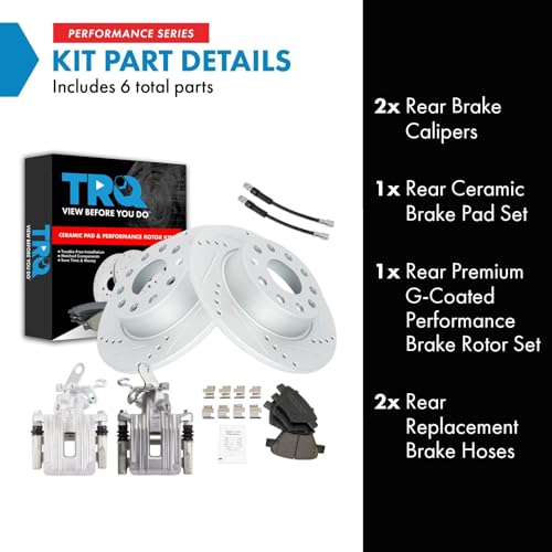Image of TRQ Performance Rear Brake Pad and Rotor Set Ceramic Slotted Drilled 272mm Rotors Calipers Compatible with 2010 Audi A3 2010-2014 Volkswagen Jetta