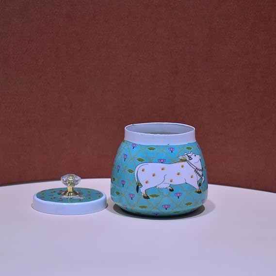 IGH Pichwai Printed Hammered Dry Fruit Bowl 4 inch with Lid (Pot Shape), Return Gift for Baby Shower, Serving Bowls/Jars for parties (10)