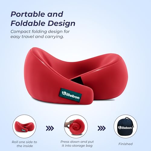 Image of Billebon Gel Infused Memory Foam Neck Pillow, Travel Pillow with Adjustable Velcro Straps, Neck Pillow for Travelling & Flight Travel, Ergonomic Support for Comfort & Pain Relief (Red)