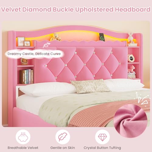 Image of DICTAC Full Size Bed Frame for Girls with 4 Storage Drawers, Bookcase Headboard, LED Lights and Power Outlets, Diamond Tufted Velvet Upholstered Princess Platform Bed, Heavy-Duty Metal Support, Pink