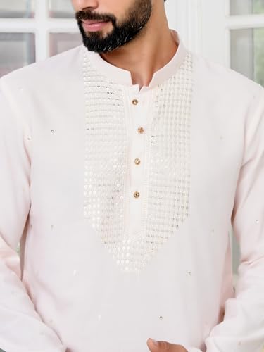 Image of See Designs Men's Full Sleeve Mandarin Collar Sequins Embroidered Chanderi Straight Long Kurta with Yoke Design - Festive Collection