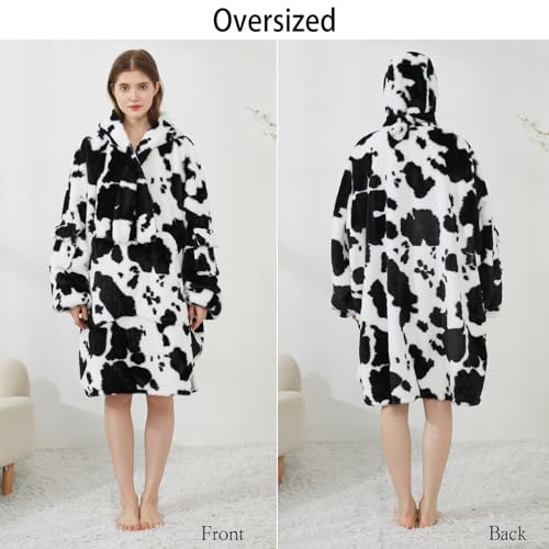 Image of Softan Blanket Hoodie, Oversized Fleece Wearable Blankets for Women and Men Gifts, Cozy Warm and Soft Sweatshirt Blanket with Large Pocket, Cow Print