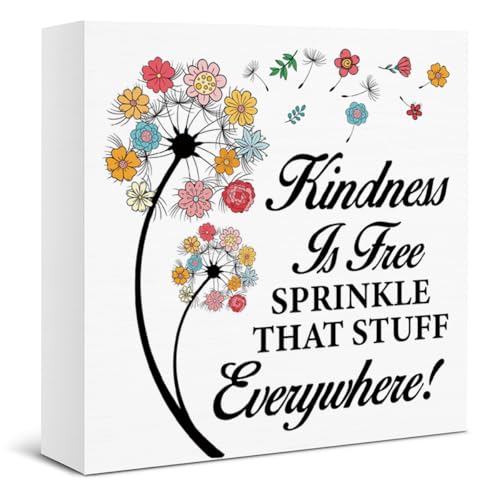 Floral Dandelion Spring Decor Sign - Kindness Is Free Wooden Sign - Seasonal Spring Decorations for Home Farmhouse Table Desk Shelf 5 X 5 Inch