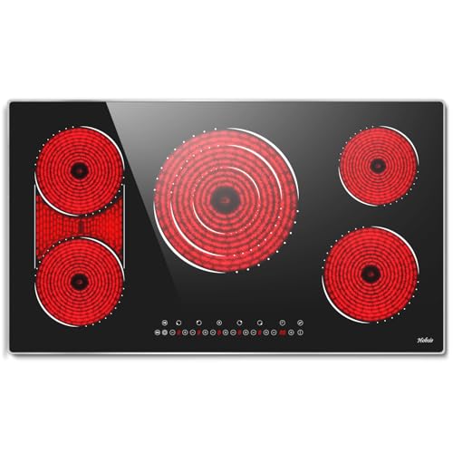Image of Hobsir 36 Inch Built in Electric Cooktop, 9600W 5 Burner Electric Stove Top with BBQ Function & Triple Ring, 9-Level Power, 99Min Timer & Safety Lock, Cook Top with Glass Metal Frame, 220V Hardwired