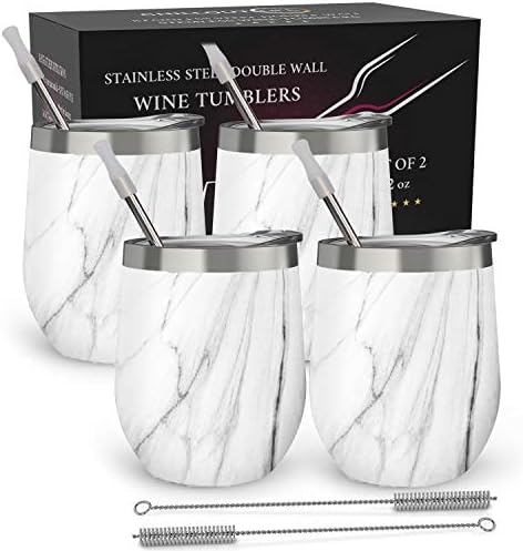 CHILLOUT LIFE Stainless Steel Wine Tumblers 4 Pack 12 oz - Double Wall Vacuum Insulated Wine Cups with Lids and Straws Set for Coffee, Wine, Cocktails - Carrara Marble