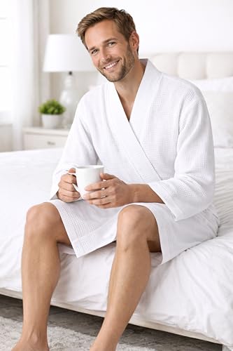 Image of Turkish Linen Men's Waffle Bathrobe Lightweight Kimono Spa Robe - Quick Dry Bath & Shower Robe for Men with Pockets
