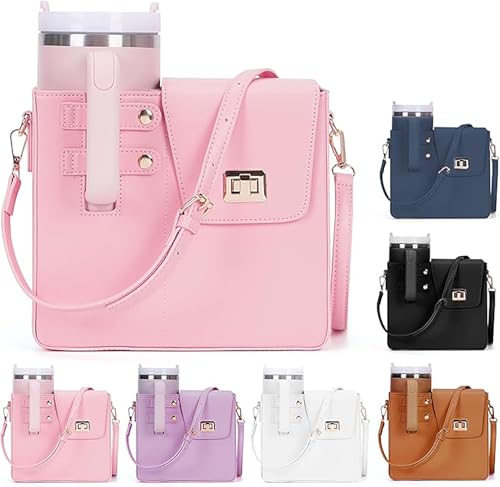 Image of House of Quirk Outdoor Portable Crossbody Tumbler Holder Bag with Purse Compartment - Travel Water Bottle Carrier for Hiking, Walking, Camping (Pink)