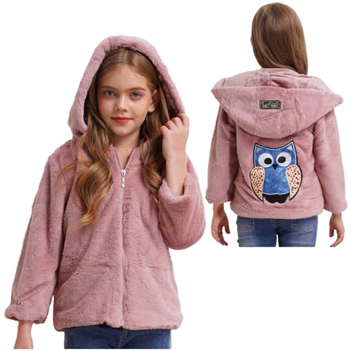 JEATHA Girls' Full Zip Hooded Fleece Jacket Long Sleeve Owl Applique Faux Fur Coats Winter Warm Thick Outerwear
