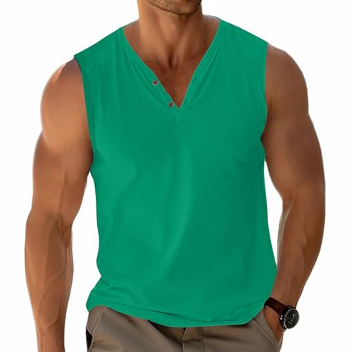 Hombres Básico Chalecos Camisetas Sin Mangas T Shirts Casual Algodón Botón Cuello en V Ligera Suave Elástico Verde XXXL