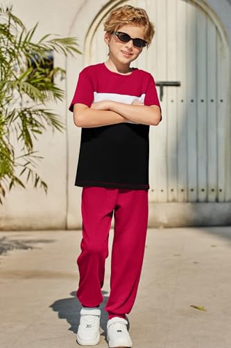Image of Arshiner Boy's Pants Set - 2 Piece ColorBlock Short Sleeve T-Shirt and Active Pants - Casual Clothing Outfits 5-12 Years