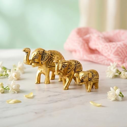 Image of eCraftIndia Set of 3 Golden Metal Elephant Statues for Good Luck| Animal Figurines Decorative Elephant Showpieces| Elephant Decorative Items for Home Living Room Office| Gift for Diwali Housewarming