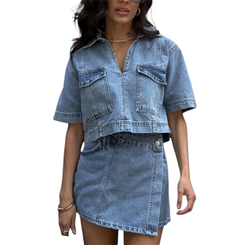 Women's Denim 2 Piece Outfits Short Sleeve Lapel Neck Crop