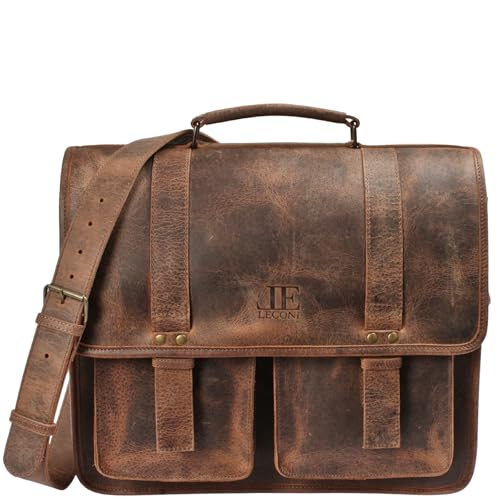 LECONI große Aktentasche Retro Look Collegetasche Unisex DIN A4 Arbeitstasche Damen & Herren Lehrertasche echtes Büffel-Leder Bürotasche Schultasche 40x31x13cm braun LE3030-vin