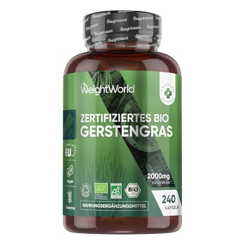 Bio Gerstengras Kapseln - 2000mg pro Tagesdosis - 240 vegane Kapseln - 2 Monate Vorrat - Bio zertifiziert - 4 Barley Grass Capsules Täglich - Frei von Gluten Laktose & Zusatzstoffen - WeightWorld