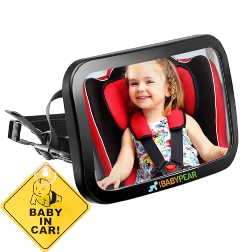 Baby Pear Baby Car Mirror - Fully Adjustable Shatterproof Car Baby Mirror with adjusted angles with 360° rotation - Wide Angle Convex Rear Facing Mirror for Safety & Yellow 'Baby in Car' Warning Sign