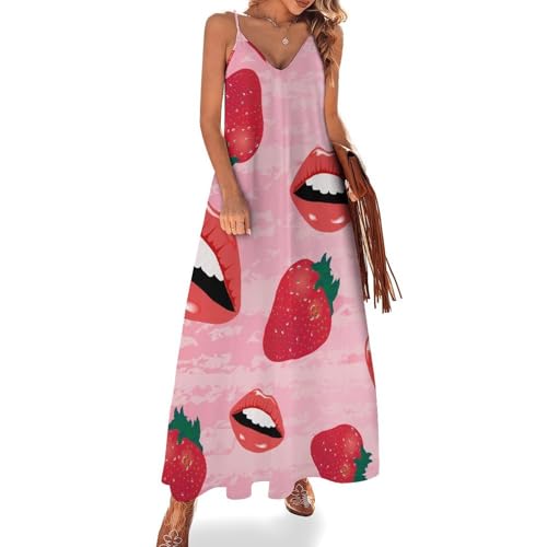 Robe maxi pour voyages et plage fraise a levres chic coupe sans manches
