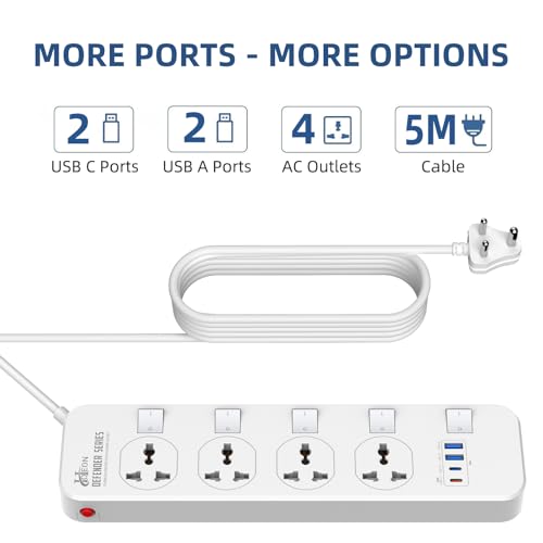 Image of Hoteon Extension Board with USB Slots, 2500W /10A Individual Switch Power Strip, 4 Way Outlets 2 Type C & 2 USB A Ports, Universal Spike Guard Sockets with Safety Shutter, 5Mtr Cable (3 Pin White)
