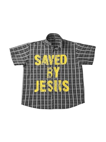 Men's Plaid Baggy Shirts Letter Graphic Short Sleeve Button Down T Shirt