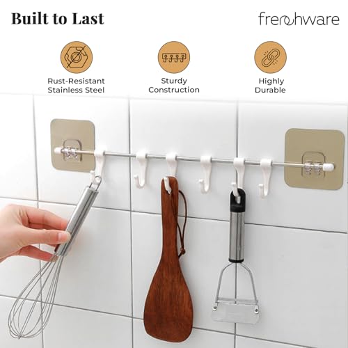 Image of Frenchware Wall Hanging Organizer Rod with 6 Hooks and 2 Adhesive Sticker | Stainless Steel Rack Without Drilling, For Cloth and Utensil Hanger