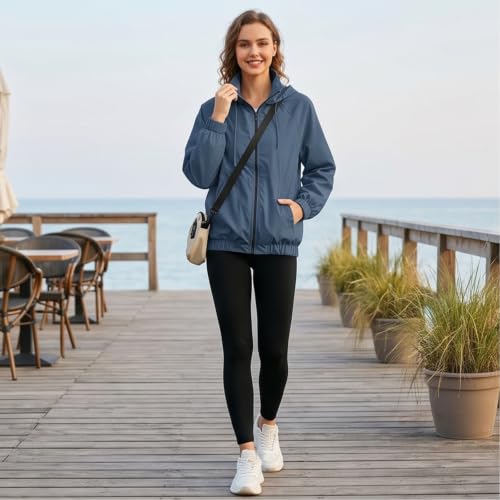 Women Windbreaker Jacket Full Zip Light Weight High Neck Hooded Raincoat - image 3