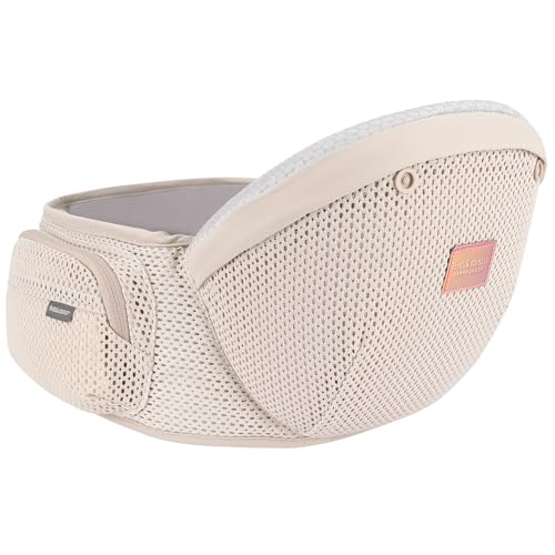 Miniatura 3 de Bebamour Mochila Portabebés Para Recién Nacidos Y Niños Pequeños, Asiento Para La Cadera De 0 A 36 Meses Con Capucha, 3 Protectores Para Mordeduras, Extensión Para La Cadera,Tejido De Malla Dorado