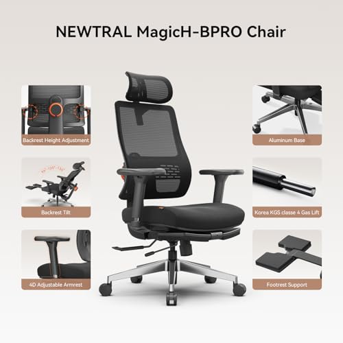 Image of Newtral Mesh Ergonomic Office Chair, Auto Lumbar Support, 5D Headrest, 4D Armrest, Footrest, 136 Recline, Adjustable Seat, 330lbs Heavy Duty Desk Chair for Home Office Gaming