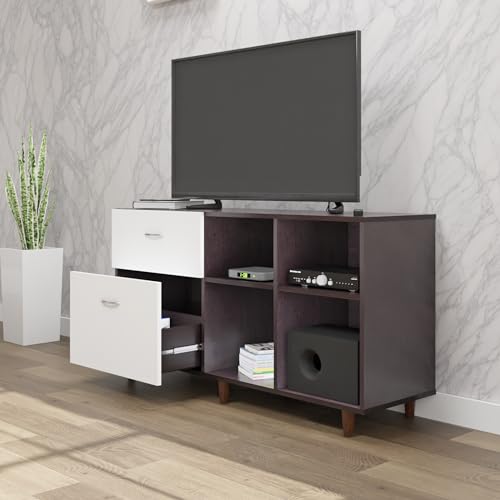 Image of VIKI Modern TV Unit for Living Room | Engineered Wood TV Cabinet with 2 Drawer Storage & 2 Open Shelves, Entertainment Unit, 140W x 74H x 40D cm | DIY | 1 Year Warranty (Wenge & White)