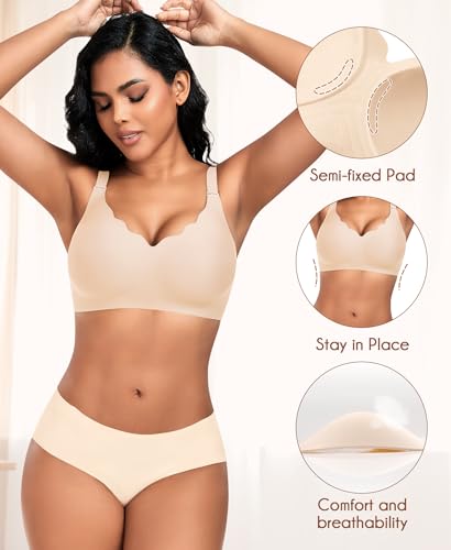 DOCUMO Wireless Bras for Women No Underwire Wavy V Neck Soft Full Coverage with Lift and Support Seamless Bralettes Comfortable Plus Size Bra(Nude,3X-Large) — view 2