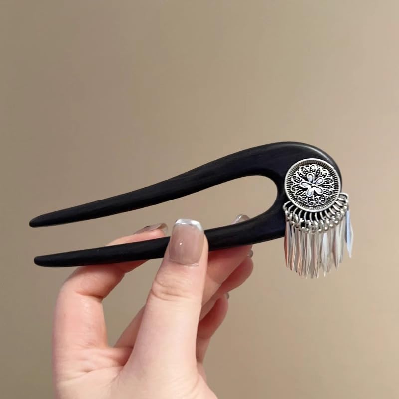 Image of Melodio New Wooden Hairpin - Yinchuan Snowfall-Inspired Traditional Wood Hair Stick with Tassel, Elegant Updo Hair Accessories for Women, Festival & Wedding Hair Decor