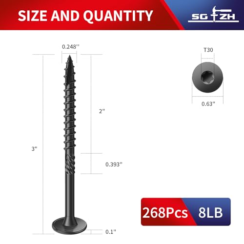 Image of #14 x 3 Inch Outdoor Structural Wood Deck Screws (268Pcs /8lb), Carbon Steel, Black, Flat Head, Rust Resistant Epoxy Coated, T30 Star Bit
