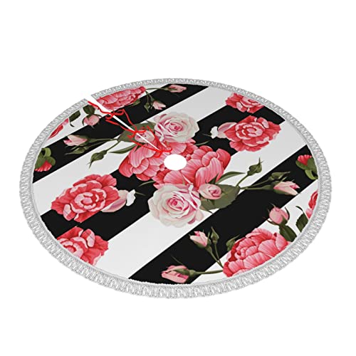 Black White Striped Flowerstassel Christmas Tree Skirt, Multi-Size Winter Large Christmas Tree Cushion, Holiday Party Christmas Tree Decorations #TOP1