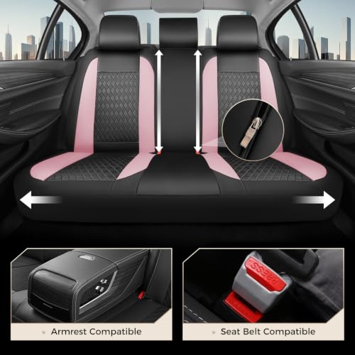 Image of Coverado Car Seat Covers Full Set, Leather Seat Covers for Cars, Waterproof Car Seat Protectors, Front and Back Car Seat Cushions Automotive Seat Covers Universal Fit for Most Cars, Black&Pink