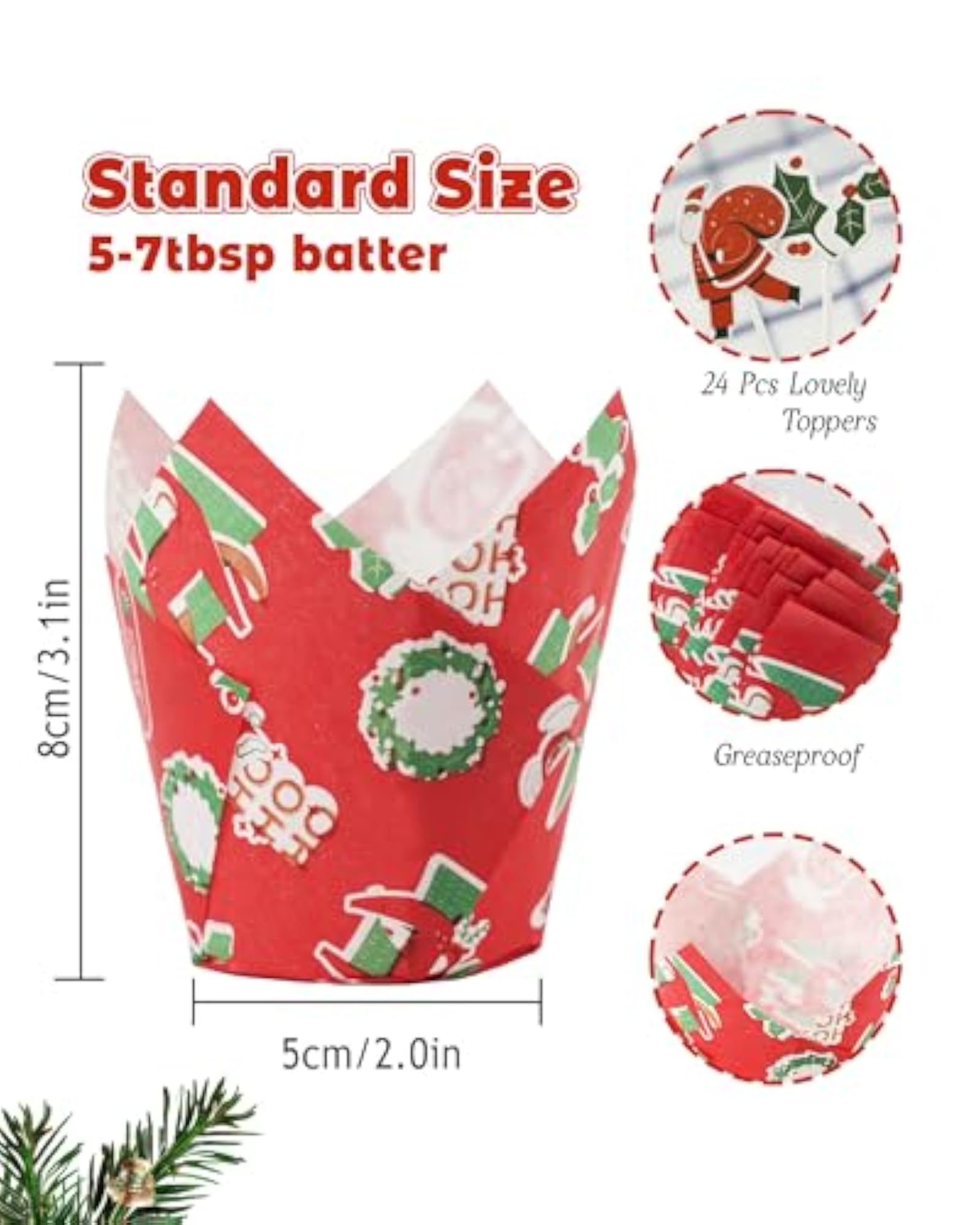 200 Pcs Christmas Tulip Cupcake Liners with 24 Cupcake Toppers