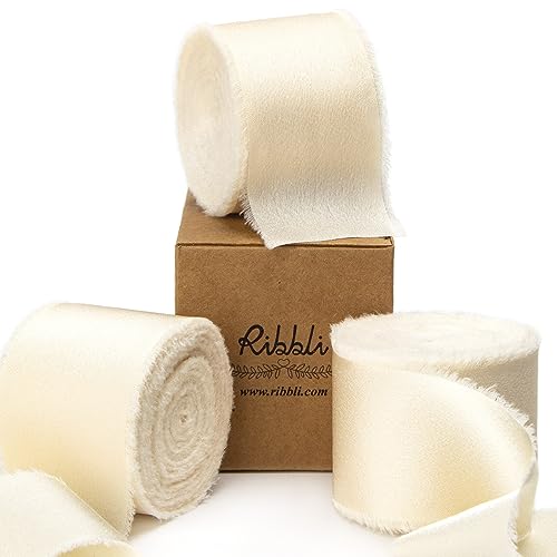 Ribbli Ivory Silk Satin Ribbon 1.5 Inch x 30 Yard Handmade Frayed Chiffon Cream Ribbon for Gift Wrapping Wedding Invitations Bridal Bouquets Home Decor