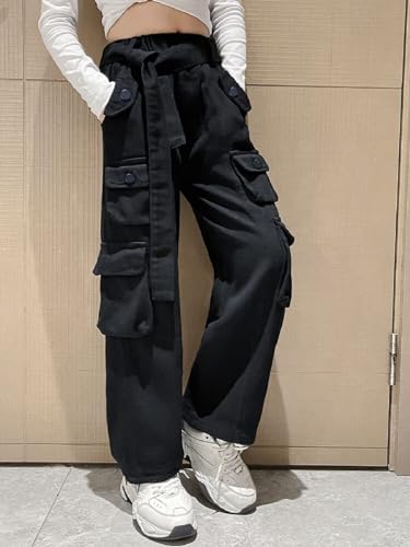 Image of Rolanko Girls Cargo Pants Baggy Y2K Cargo Trousers Jeans Wide Leg Pants with Multi Pockets 4-15 Years