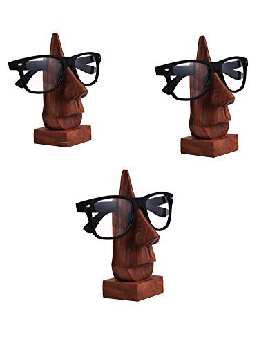 SS EcomSet of 3 Handmade Wooden Nose Shaped Spectacle Holder Stand, Goggles Eyeglass Eye wear Retainer Display Stand for Home Decoration - Brown, 6 inch