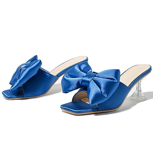 Heiyom Women's Bow Clear Heels Slippers Dress Sandals Square Toe Stiletto Mules Slip on Wedding Prom Shoes2