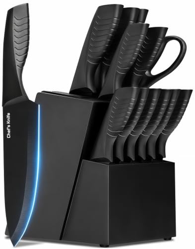 FXXNNN 14-Piece Black Kitchen Knife Block Set with Built-In Sharpener
