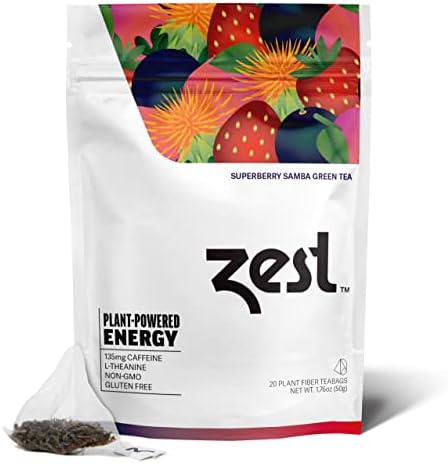 Zest 135mg High Caffeine Energy Leaf Blend - Superberry Samba Green Tea - 20 Pack Bag - Hot or Iced - All Natural Strong Flavored Healthy Coffee Highly Caffeinated Substitute - Perfect for Keto Diet