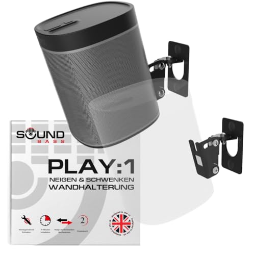 Sound bass Play 1 Wandhalterung, Schwarz, 2er-Set, Kompatibel nur mit Sonos Play:1, Doppelpack, Verstellbarer Dreh- und Neigungsmechanismus, 2 Halterungen inklusive sämtlichem Befestigungsmaterial