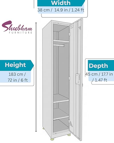 Image of Shubham Furnitures Single Door Steel Locker Cabinet with 4 Shelves & Hanging Rod | Heavy Duty Lockable Storage Cupboard for Office Gym School Factory | Powder Coated 1 Door Metal Locker Light Grey