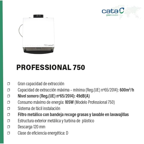 Zentrifugallüfter Professional 750 L - Dunstabzugshaube für die Küche - Mit Fettauffangschale - Energieklasse D - Geräuscharmer Küchenventilator mit Großer Kapazität - 36,6 cm Breit - Cata