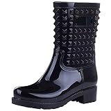ANUFER Women's Stylish Chunky Heel Mid-calf Outdoor Snow Rain Boots Black SN02008 US7.5