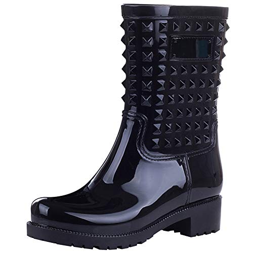 Anufer Women's Stylish Chunky Heel Mid-Calf Outdoor Snow Rain Boots Black Sn02008 Us7.5 #TOP5