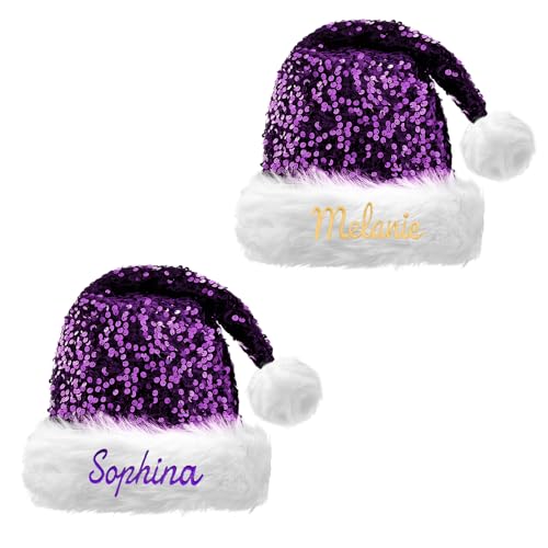 DegGod 1 Pack Personalized Purple Sequin Christmas Hats with Embroidered Name, Plush Custom Xmas Short Santa Hat with White Faux Fur Trim for Adults Children Women Men Christmas Decorative Hats