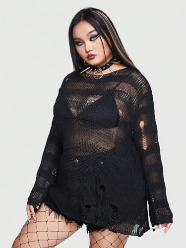 SHENHE Women's Plus Size Ripped See Through Bell Sleeve Sexy Grunge Distressed Sweater Pullover4