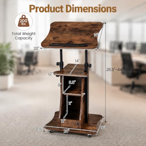 Image of POWERSTONE 2PCS Sit to Stand Mobile Lectern Podium Stand Rustic Brown | Rolling Laptop Desk Cart with Shelves, Swivel Top, Height Adjustable, for Classroom Concert Church