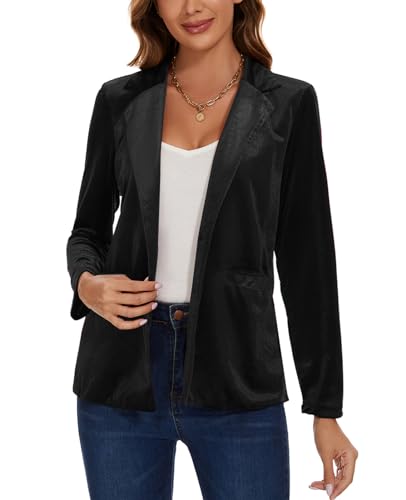Women's Casual Velvet Blazer Work Office Long Sleeve Lapel Button Tailored Jacket Coat Blazer with Pockets3