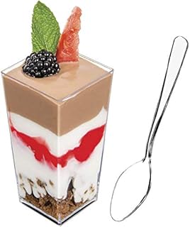 DLux 50 x 3 oz Mini Dessert Cups with Spoons, Square Tall - Clear Plastic Parfait Appetizer Cup - Small re-usable Serving Bowl for Tasting Party Desserts Appetizers - with Recipe Ebook