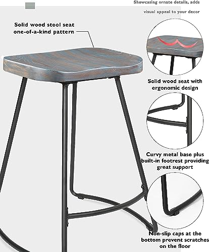 Jubiloom Wood Bar Stools Set Of 2, 24 Inch Counter Height Stools, Saddle Kitchen Bar Stools For Kitchen Island, Industrial, Backless, Rustic, Green Wood Seat, Black Metal, 624Pgr #TOP5